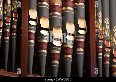 Organ pipes at St Peters Church, Willis Street, Wellington, North Island, New Zealand Stock Photo