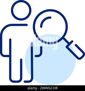 Person behind magnifying glass. User behavior analysis, investigating job candidate profiles. Pixel perfect, editable Stock Vector