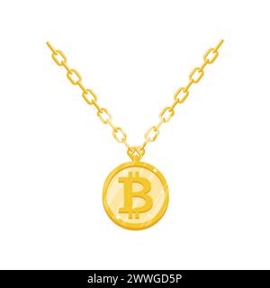 Bitcoin gold pendant. Cryptocurrency made of gold on chain. luxury jewelry symbol Stock Vector