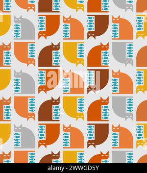 Cat and fish pattern seamless. Fish inside cat background. Baby fabric texture Stock Vector