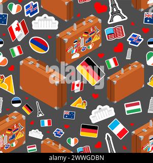 Travel suitcase retro pattern seamless. Leather vintage travel suitcase background. stickers of different countries ornament Stock Vector