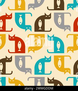 Cat and fish pattern seamless. Fish inside cat background. Baby fabric texture Stock Vector