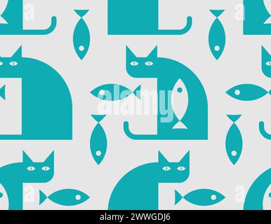 Cat and fish pattern seamless. Fish inside cat background. Baby fabric texture Stock Vector