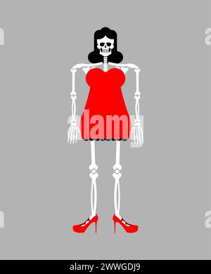 Female skeleton in dress. Bones, skull and women's dress Stock Vector