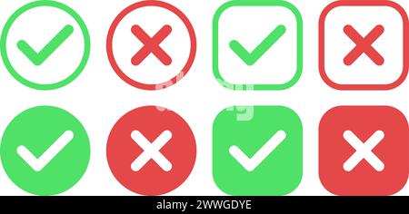 Collection of check mark and cross flat icons for web design or page template Stock Vector