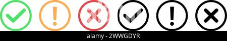 Set of check mark, exclamation point, X or cross mark icons buttons Stock Vector