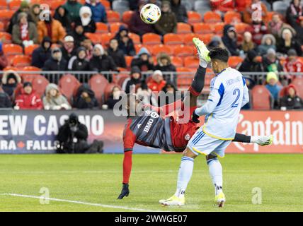 Toronto, Canada. 23rd Mar, 2024. Prince Owusu (rear) of Toronto FC makes a bicycle kick during the 2024 Major League Soccer (MLS) match between Toronto FC and Atlanta United FC in Toronto, Canada, March 23, 2024. Credit: Zou Zheng/Xinhua/Alamy Live News Stock Photo