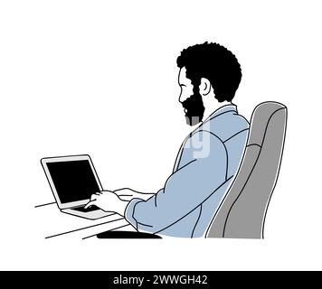 Business man sitting at the desk working on laptop Stock Vector