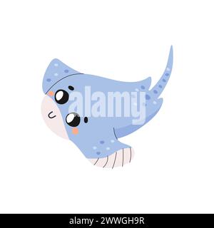 cute stingray fish, t shirt print, kids poster, on white background. Underwater world with seaweed. Stock Vector