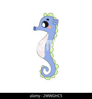 cute seahorse, t-shirt print, childrens poster, on white background. Underwater world with seaweed. vector Stock Vector