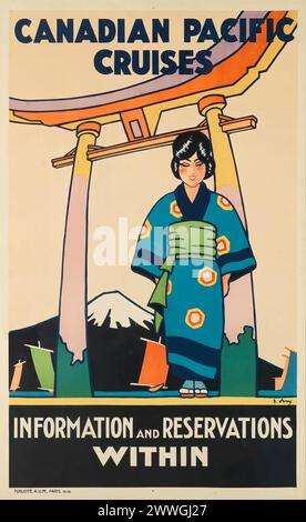 Vintage Travel Poster:  Canadian Pacific Cruises Japan.  1929.    Image of a Japanese woman standing under a Torii gate with several boats and a snow capped Mount Fuji behind. Stock Photo