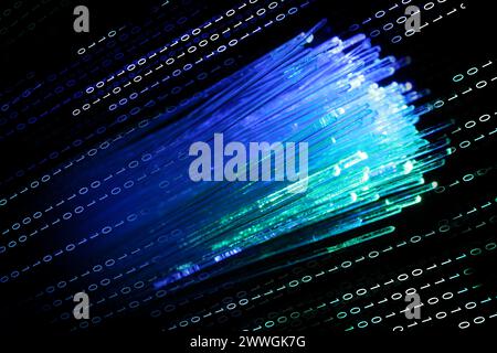 Optical fiber strands and binary code on black background, double exposure Stock Photo