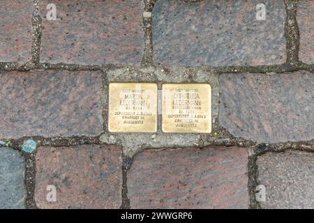 Berlin, Germany - March 22, 2024: Stolpersteine project, stumbing stones on the pavement in front of former home of family Hainebach. Stock Photo