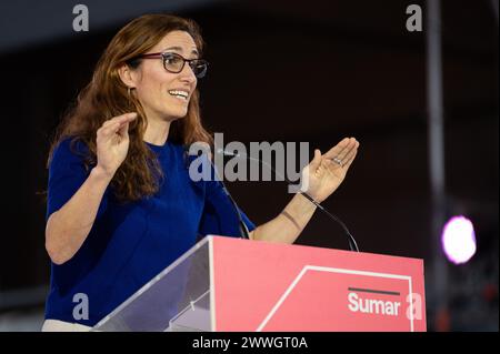 Madrid, Spain. 23rd Mar, 2024. Monica Garcia, Minister of Health, speaking during the closure act of the first Assembly of the coalition. Sumar has held a founding assembly with the aim of providing the formation with an organizational structure celebrating its first assembly in La Nave, Villaverde. Credit: Marcos del Mazo/Alamy Live News Stock Photo