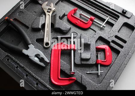 Pressure Tools Set. Engineering Equipment For Fixing And Clamping In Separate Slots Of Tool Box Stock Photo