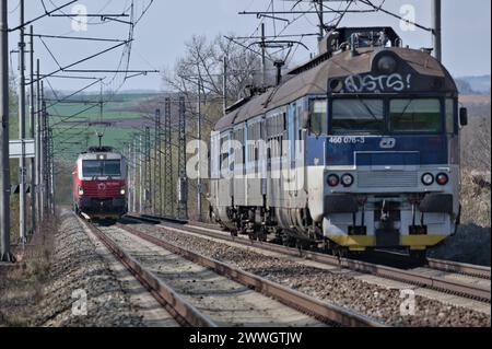 Regional local trains of state-owned enterprise Ceske drahy - Czech Railways. Major railway operator in the Czech Republic. Stock Photo