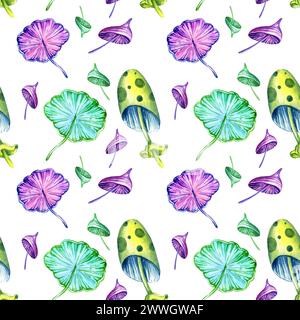 seamless pattern with fantastic cosmic mushrooms on dark background, watercolor hand draw illustration. Neon color, purple, pink, blue Stock Photo