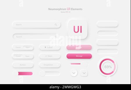 Collection of user interface elements for a mobile application. Set of icons for user interface development in white and pink. Stock Vector