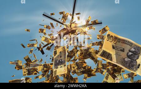 Zimbabwe dollar banknotes helicopter money dropping. Zimbabwean ZWL 100 notes abstract 3d concept of inflation, money printing and quantitative easing Stock Photo