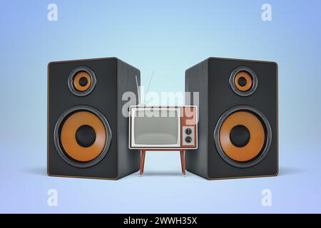 Vintage TV and speakers on blue background Stock Photo