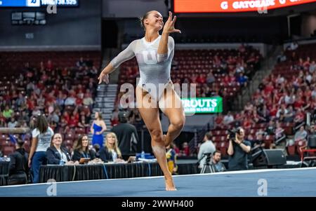 West Valley City, USA. 23rd Mar, 2024. Utah's Maile O'Keefe tied for second in floor exercise with a score of 9.950 in the University of Utah's fourth straight win of the Pac-12 Women's Gymnastics Championship at Maverik Center, West Valley City, Utah on March 23, 2024 (Photo by Jeff Wong/Sipa USA) Credit: Sipa USA/Alamy Live News Stock Photo