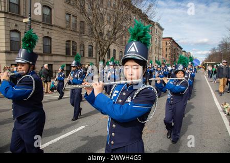49th annual Saint Patrick's Day Parade in 2024 in Park Slope Brooklyn, New York.  Fort Hamilton High School Marching Band performs at the parade. Stock Photo