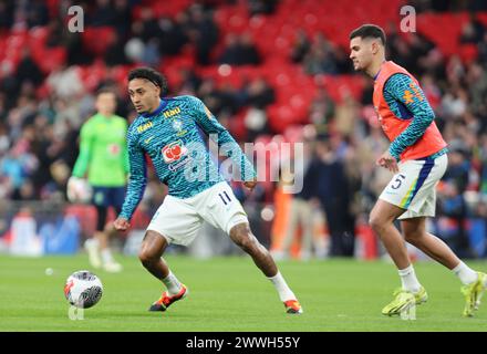 Raphinha (Barcelona)of Brazil during the pre-match warm-up  during International Friendly soccer match between England and Brazil at Wembley stadium, Stock Photo