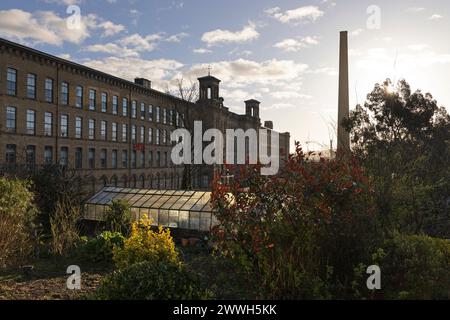 The Italianate façade of Salts Mill, a former textile mill in the World Heritage Site of Saltaire, near Bradford, West Yorkshire Stock Photo