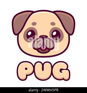 Cute cartoon pug face with tongue sticking out. Kawaii dog portrait drawing, clip art illustration. Stock Vector