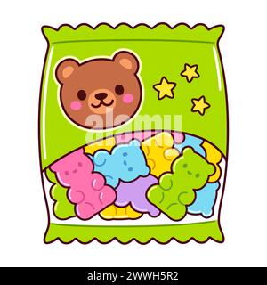 Cute cartoon bag of gummy bears. Kawaii bear shaped candy vector clip art Illustration. Stock Vector