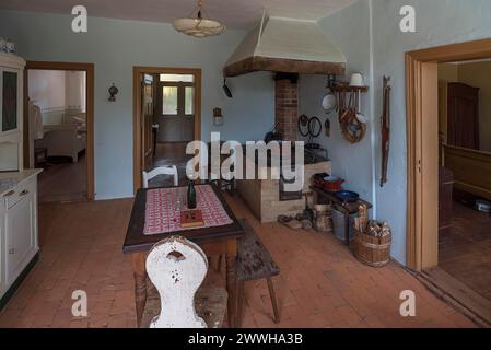 Kitchen with cooking area in a farmhouse from the 19th century, Open-Air Museum of Folklore Schwerin-Muess, Mecklenburg-Vorpommerm, Germany Stock Photo