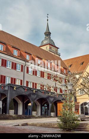 Winter Festivities in Bitigheim-Bissingen: Charming Half-Timbered Houses Adorned with Christmas Decorations. New Year's atmosphere of Bitigheim Stock Photo