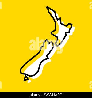 New Zealand country simplified map. White silhouette with thick black contour on yellow background. Simple vector icon Stock Vector