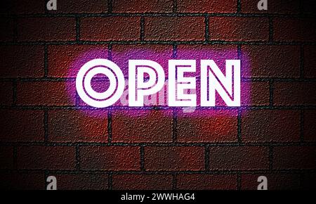 A manually created illustration of a brick wall with the word open in neon Stock Photo