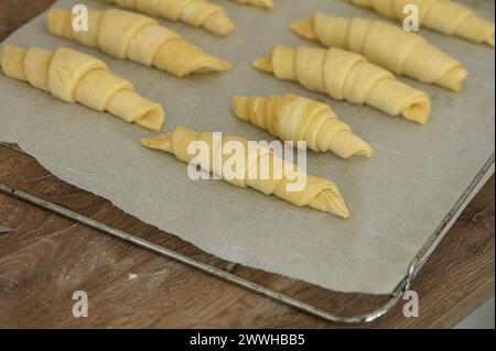 Close up croissant dough with egg wash Stock Photo