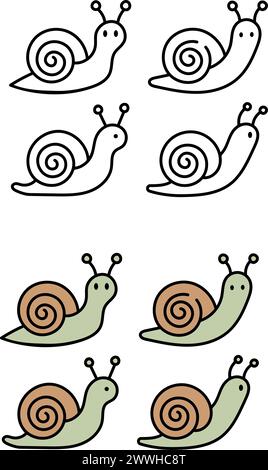 DRAWING OF LAND SNAILS, WITHOUT COLOR AND IN COLORS Stock Vector