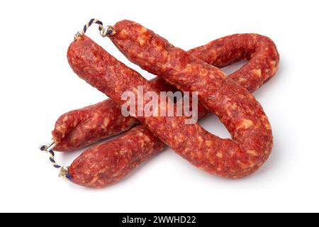 Pair of traditional Dutch Metworst, preserved pork sausage,  close up isolated on white background Stock Photo