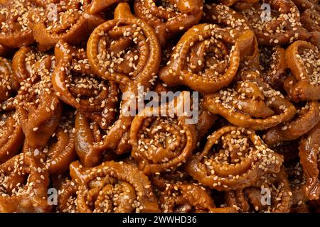 Traditional Moroccan fresh baked chebakia close up for Ramadan full frame Stock Photo