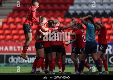 Greenwich, UK. 24th Mar, 2024. Greenwich, London, 24 March 2024: Goal celebrations for Melisa Filis (27 Charlton Athletic) during the Barclays Womens Championship football match between Charlton Athletic and London City Lionesses at The Valley in London, England. (James Whitehead/SPP) Credit: SPP Sport Press Photo. /Alamy Live News Stock Photo