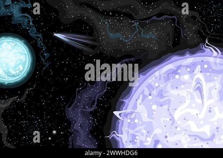 Vector Fantasy Space Chart, horizontal poster with cartoon design bluish white brightest binary star system and flying comet in deep space, decorative Stock Vector