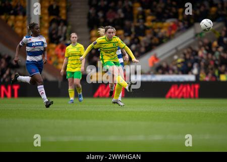 Norwich on Sunday 24th March 2024. Rachel Lawrence of Norwich City makes it 1-1 during the FA Women's National League Division One match between Norwich City Women and Queens Park Rangers at Carrow Road, Norwich on Sunday 24th March 2024. (Photo: David Watts | MI News) Credit: MI News & Sport /Alamy Live News Stock Photo