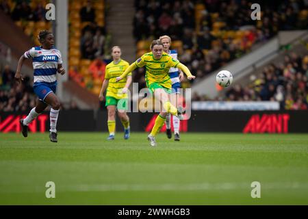 Norwich on Sunday 24th March 2024. Rachel Lawrence of Norwich City makes it 1-1 during the FA Women's National League Division One match between Norwich City Women and Queens Park Rangers at Carrow Road, Norwich on Sunday 24th March 2024. (Photo: David Watts | MI News) Credit: MI News & Sport /Alamy Live News Stock Photo