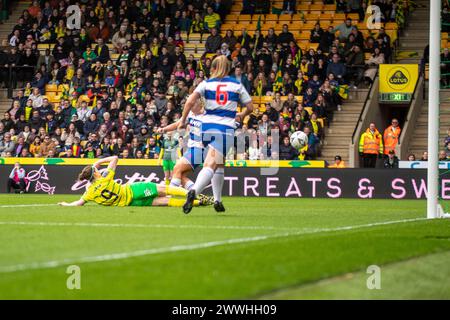 Norwich on Sunday 24th March 2024. Ellie Smith of Norwich City makes it 2-1 during the FA Women's National League Division One match between Norwich City Women and Queens Park Rangers at Carrow Road, Norwich on Sunday 24th March 2024. (Photo: David Watts | MI News) Credit: MI News & Sport /Alamy Live News Stock Photo