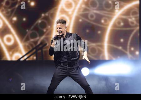 Non Exclusive: Nicky Byrne, Shane Filan,  Kian Egan  members of te Irish band Westlife performs during  The Wild Dreams tour at the Arena CDMX. Stock Photo