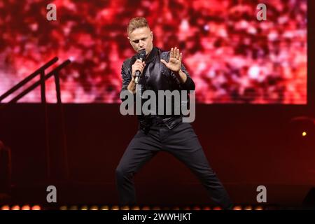 Non Exclusive: Nicky Byrne, Shane Filan,  Kian Egan  members of te Irish band Westlife performs during  The Wild Dreams tour at the Arena CDMX. Stock Photo