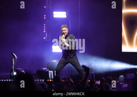 Non Exclusive: Nicky Byrne, Shane Filan,  Kian Egan  members of te Irish band Westlife performs during  The Wild Dreams tour at the Arena CDMX. Stock Photo