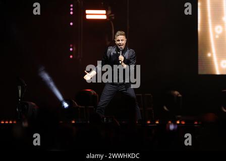 Non Exclusive: Nicky Byrne, Shane Filan,  Kian Egan  members of te Irish band Westlife performs during  The Wild Dreams tour at the Arena CDMX. Stock Photo