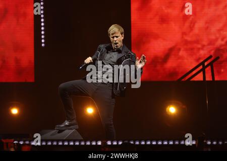 Non Exclusive: Nicky Byrne, Shane Filan,  Kian Egan  members of te Irish band Westlife performs during  The Wild Dreams tour at the Arena CDMX. Stock Photo