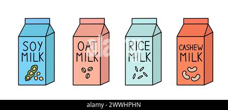 Vegan milk set. Soy, rice, cashew, oat. Box Carton packaging. Collection of vector flat illustration. Stock Vector