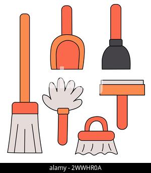 Cleaning Tools Set Elements. Collection of washing equipment. Mop, broom, brush, plunger, scoop, pipidastr. Vector Flat illustration. Stock Vector